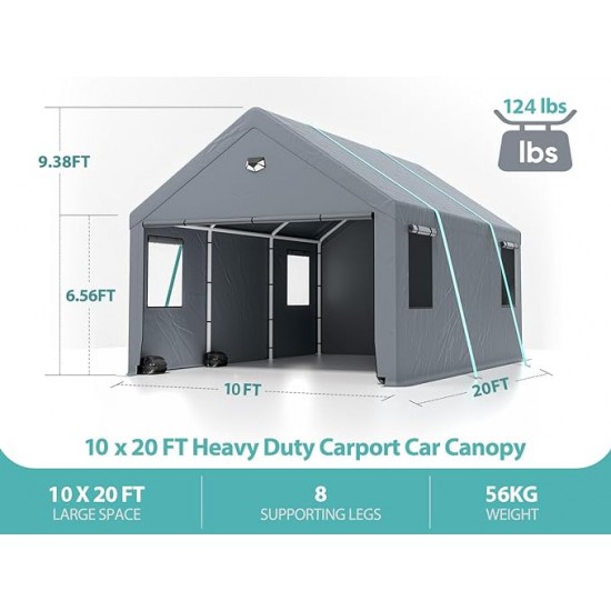 Sannwsg 10x20 Heavy Duty Carport Canopy - Extra Large Portable Car Tent Garage with Roll-up Windows and All-Season Tarp Cover,Metal Roof &Side Walls for Car, SUV,Boats&Truck Shelter Logic Storage