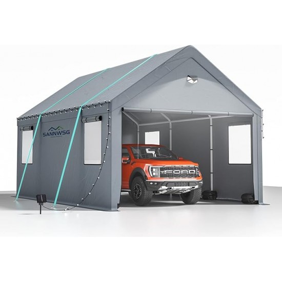 Sannwsg 12 * 20 Heavy Duty Carport Canopy - Extra Large Portable Car Tent Garage with Roll-up Windows and All-Season Tarp Cover,Metal Roof &Side Walls for Car, SUV,Boats&Truck Shelter Logic Storage