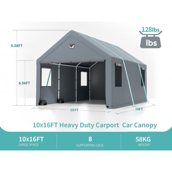 Sannwsg 10x16 Heavy Duty Carport Canopy - Extra Large Portable Car Tent Garage with Roll-up Windows and All-Season Tarp Cover,Side Walls & Removable Roof for Car, SUV,Boats&Truck Shelter Logic Storage