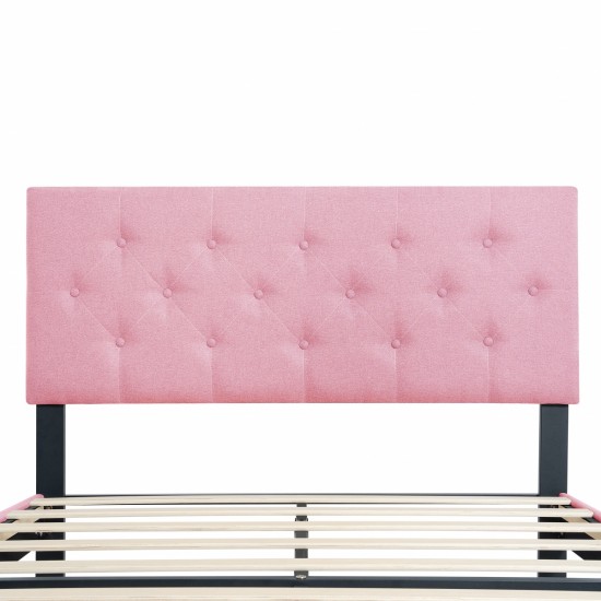 Full Size Upholstered Platform Bed Frame with Modern Button Tufted Linen Fabric Headboard, No Box Spring Needed, Wood Slat Support, Easy Assembly, pink