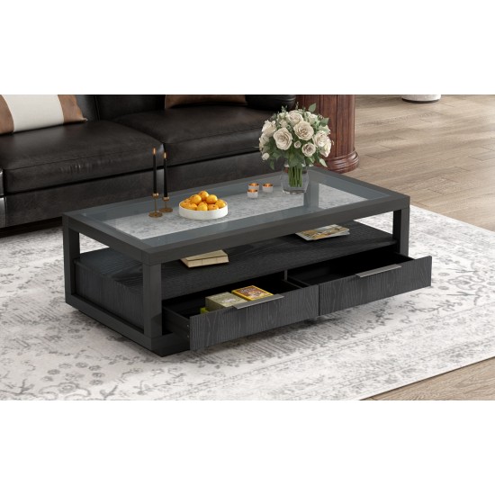 U-Can Modern Wood Coffee Table with 2 Drawers ,Minimalist Display Coffee Table with Transparent Tempered Glass, Open Storage Shelf for Living Room