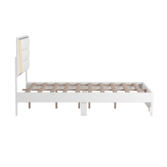 Queen Size PU Upholstered Bed, Headboard with LED Light Strips and Sparkling Shiny Decoration, No Box Spring Required, White(Expected Arrival Time:8.5)