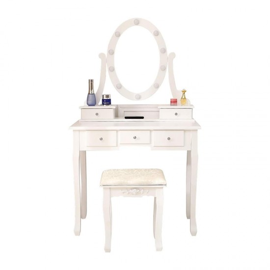 Makeup Vanity Desk and Stool Set, Vanity Mirror with Lights and Table Set, Small Vanity Table for Bedroom (White)