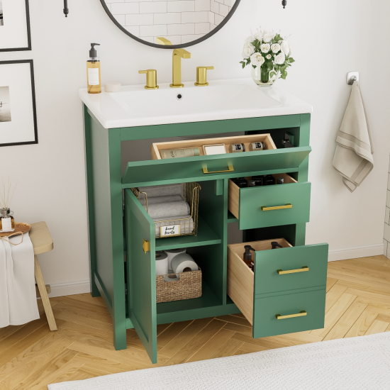 30-Inch Green Bathroom Vanity with Ceramic Sink and Ample Storage - Ideal Choice for Small Bathrooms