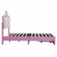 Twin Size Upholstered Bed Frame with LED Lights, Modern Upholstered Princess Bed with Crown Headboard, a Drawer, Pink+White