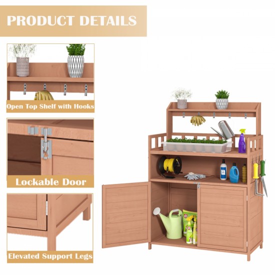 Potting Bench Outdoor Gardening Table for Outside Wood Garden Planting Workstation Work Benches with Large Storage Cabinet & Top Shelf for Patio