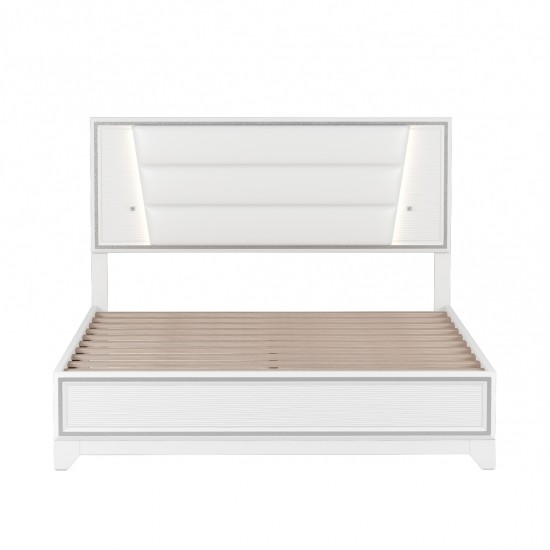 Queen Size PU Upholstered Bed, Headboard with LED Light Strips and Sparkling Shiny Decoration, No Box Spring Required, White(Expected Arrival Time:8.5)