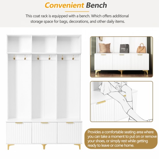 ON-TREND Modern Large Storage Hall Tree with Bench, Multi-functional Storage Bench with High Gloss Fluted Doors, Luxurious Coat Rack with 6 Gold Hooks and Legs for Entryway, Living Room, White