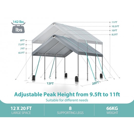 12*20 Heavy Duty Carport Canopy - Extra Large Portable Car Tent Garage with Adjustable Peak Height from 9.5ft to 11ft,Metal Roof &Side Walls for Car, SUV,Boats&Truck Party Tent Shelter Logic Storage