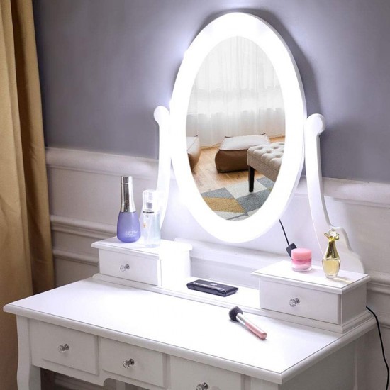 Makeup Vanity Desk and Stool Set, Vanity Mirror with Lights and Table Set, Small Vanity Table for Bedroom (White)