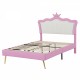 Full Size Upholstered Bed Frame with LED Lights, Modern Upholstered Princess Bed with Crown Headboard, Pink+White