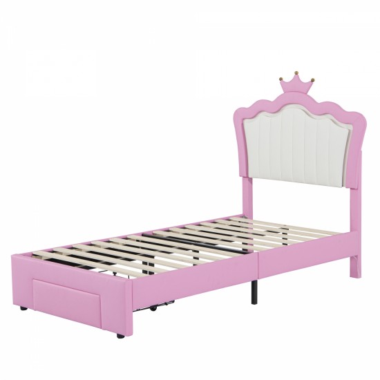 Twin Size Upholstered Bed Frame with LED Lights, Modern Upholstered Princess Bed with Crown Headboard, a Drawer, Pink+White