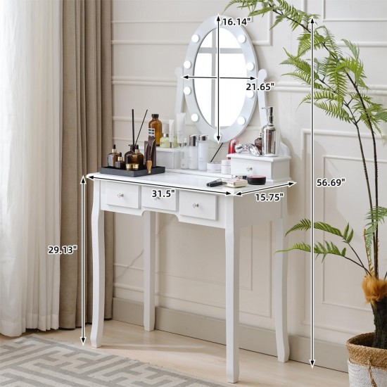 Makeup Vanity Desk and Stool Set, Vanity Mirror with Lights and Table Set, Small Vanity Table for Bedroom (White)