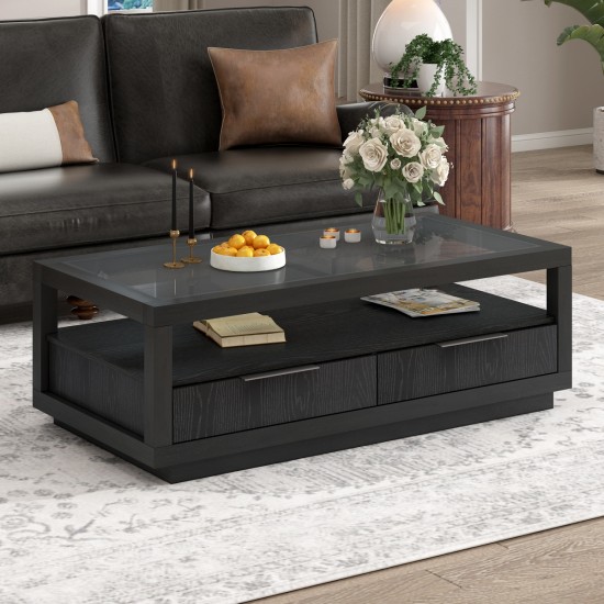 U-Can Modern Wood Coffee Table with 2 Drawers ,Minimalist Display Coffee Table with Transparent Tempered Glass, Open Storage Shelf for Living Room