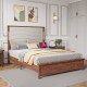 Queen Size Bed Frame with Upholstered Headboard, Queen Bed Frame with Charging Station and LED Lights, Wood Slats, Beige Linen,  No Box Spring Needed, Easy Assembly