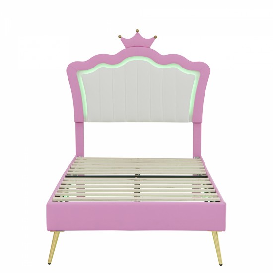 Twin Size Upholstered Bed Frame with LED Lights, Modern Upholstered Princess Bed with Crown Headboard, Pink+White