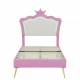 Twin Size Upholstered Bed Frame with LED Lights, Modern Upholstered Princess Bed with Crown Headboard, Pink+White