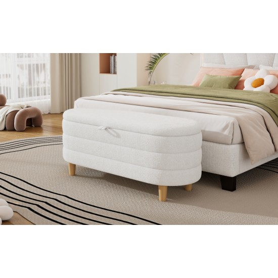 Elegant Upholstered Sherpa Fabric  Storage Ottoman with Wood Legs, Storage Bench for Bedroom, Living Room, White