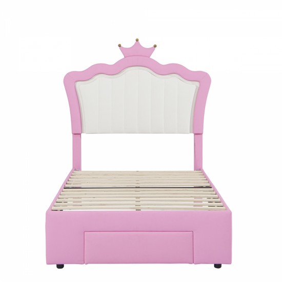 Twin Size Upholstered Bed Frame with LED Lights, Modern Upholstered Princess Bed with Crown Headboard, a Drawer, Pink+White