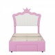 Twin Size Upholstered Bed Frame with LED Lights, Modern Upholstered Princess Bed with Crown Headboard, a Drawer, Pink+White