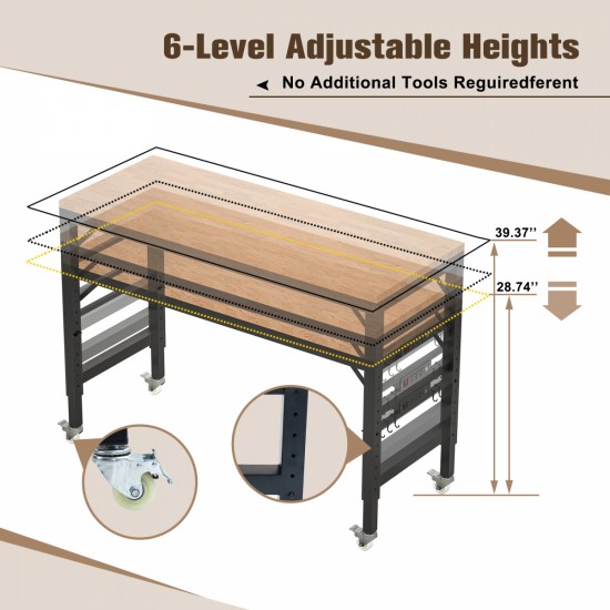 60 Inch Adjustable Workbench for Garage, Rubber Wood Heavy Duty Workstation with Power Outlets & Wheels, 2000 LBS Load Capacity Hardwood Worktable for Workshop, Garage, Office, Home, Commercial