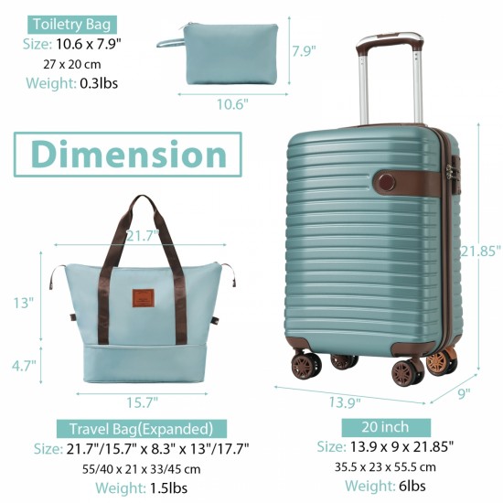 Luggage Sets 3 Piece Carry on Luggage 22x14x9 Airline Approved, Lightweight Hardshell ABS Suitcases with Wheels, 20 inch, Blue