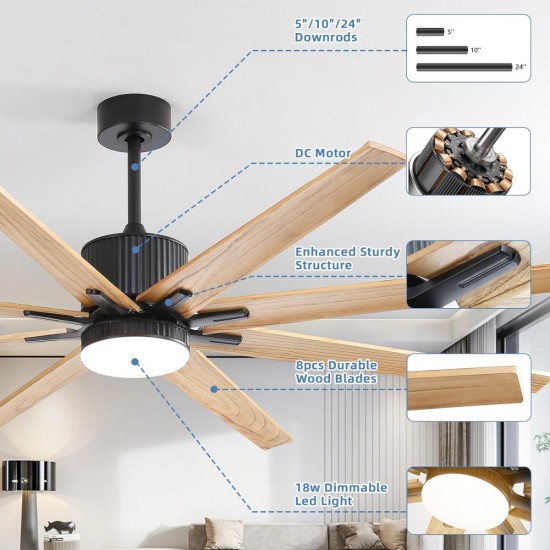 76 Inch Indoor Ceiling Fan With Dimmable 3 Color Led Light 8 Solid Wood Blades Remote Control Reversible DC Motor Black For Home