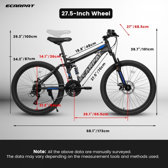 Ecarpat Mountain Bike 27 Inch Wheels, 21-Speed Full Suspension Mens Womens Trail Commuter City Mountain Bike, Carbon Steel Frame Disc Brakes Grip Shifter Front Fork Rear Shock Absorber Bicycles