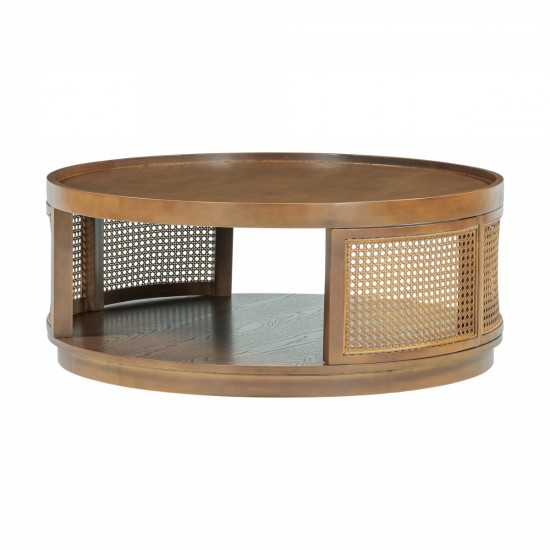 U-Can 37'' Wooden Mid-Century Modern Coffee Table, Round Cane Coffee Table with PE Rattan Side for Living Room,Brown