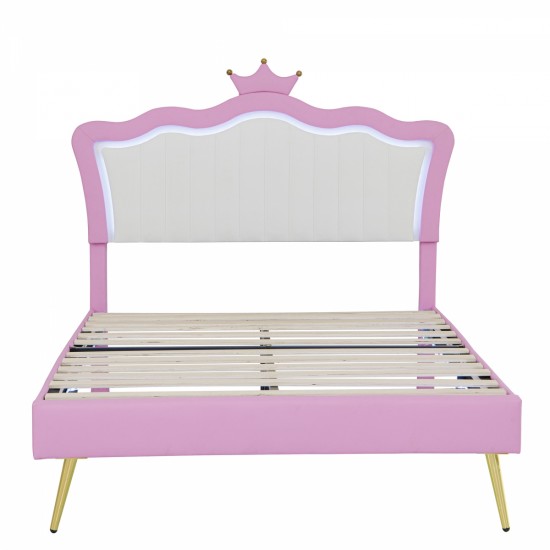 Full Size Upholstered Bed Frame with LED Lights, Modern Upholstered Princess Bed with Crown Headboard, Pink+White