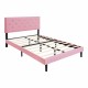 Full Size Upholstered Platform Bed Frame with Modern Button Tufted Linen Fabric Headboard, No Box Spring Needed, Wood Slat Support, Easy Assembly, pink