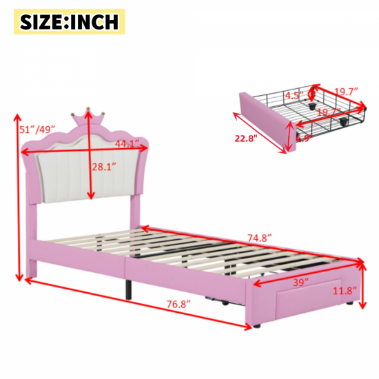 Twin Size Upholstered Bed Frame with LED Lights, Modern Upholstered Princess Bed with Crown Headboard, a Drawer, Pink+White