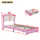 Twin Size Upholstered Bed Frame with LED Lights, Modern Upholstered Princess Bed with Crown Headboard, a Drawer, Pink+White