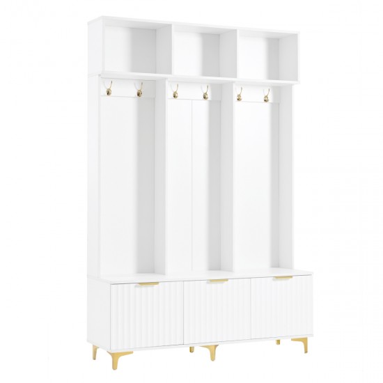 ON-TREND Modern Large Storage Hall Tree with Bench, Multi-functional Storage Bench with High Gloss Fluted Doors, Luxurious Coat Rack with 6 Gold Hooks and Legs for Entryway, Living Room, White