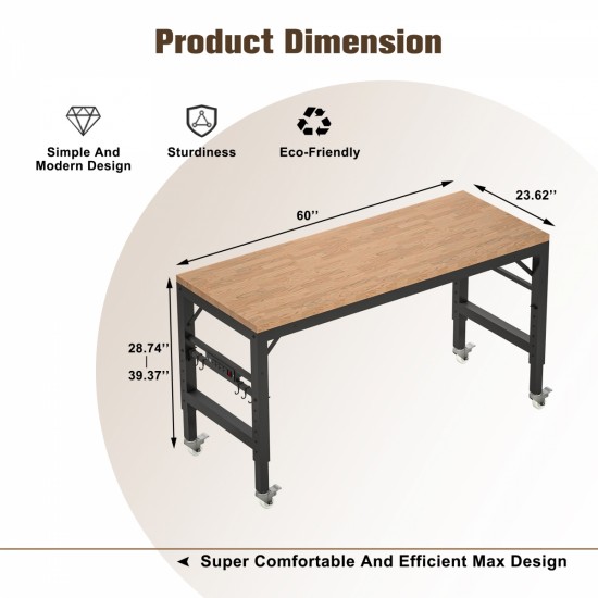 60 Inch Adjustable Workbench for Garage, Rubber Wood Heavy Duty Workstation with Power Outlets & Wheels, 2000 LBS Load Capacity Hardwood Worktable for Workshop, Garage, Office, Home, Commercial