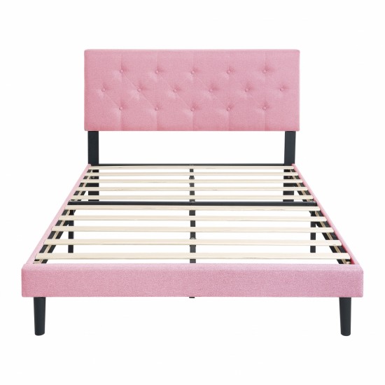 Full Size Upholstered Platform Bed Frame with Modern Button Tufted Linen Fabric Headboard, No Box Spring Needed, Wood Slat Support, Easy Assembly, pink