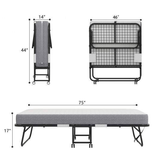 Folding Bed with Mattress 75 Inch x 46 Inch Rollaway Guest Bed Portable Foldable Bed for Adults with 5 Inch Memory Foam Mattress Space-Saving Sturdy Metal Frame