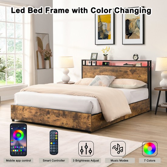 Full Bed Frame, Storage Headboard with Charging Station, Solid and Stable, Noise Free, No Box Spring Needed, Easy Assembly