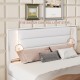 Queen Size PU Upholstered Bed, Headboard with LED Light Strips and Sparkling Shiny Decoration, No Box Spring Required, White(Expected Arrival Time:8.5)