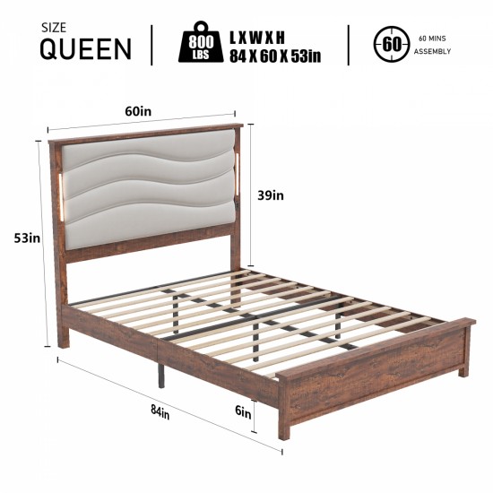 Queen Size Bed Frame with Upholstered Headboard, Queen Bed Frame with Charging Station and LED Lights, Wood Slats, Beige Linen,  No Box Spring Needed, Easy Assembly