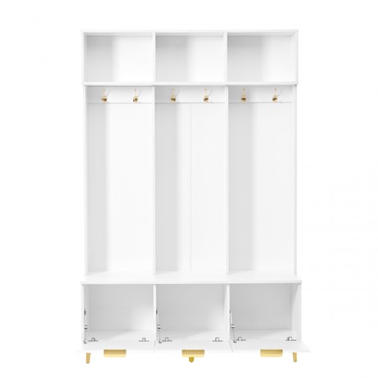 ON-TREND Modern Large Storage Hall Tree with Bench, Multi-functional Storage Bench with High Gloss Fluted Doors, Luxurious Coat Rack with 6 Gold Hooks and Legs for Entryway, Living Room, White