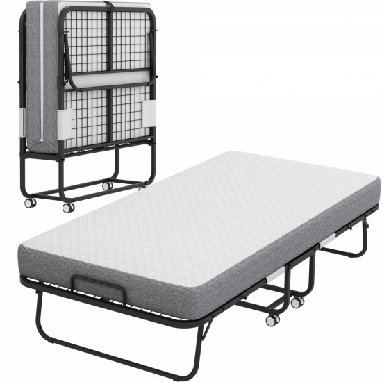 Folding Bed with Mattress 75 Inch x 46 Inch Rollaway Guest Bed Portable Foldable Bed for Adults with 5 Inch Memory Foam Mattress Space-Saving Sturdy Metal Frame