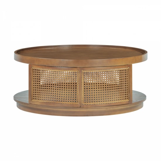 U-Can 37'' Wooden Mid-Century Modern Coffee Table, Round Cane Coffee Table with PE Rattan Side for Living Room,Brown