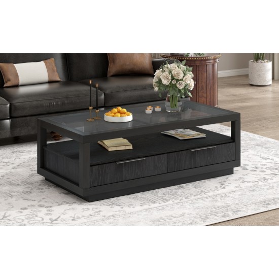 U-Can Modern Wood Coffee Table with 2 Drawers ,Minimalist Display Coffee Table with Transparent Tempered Glass, Open Storage Shelf for Living Room