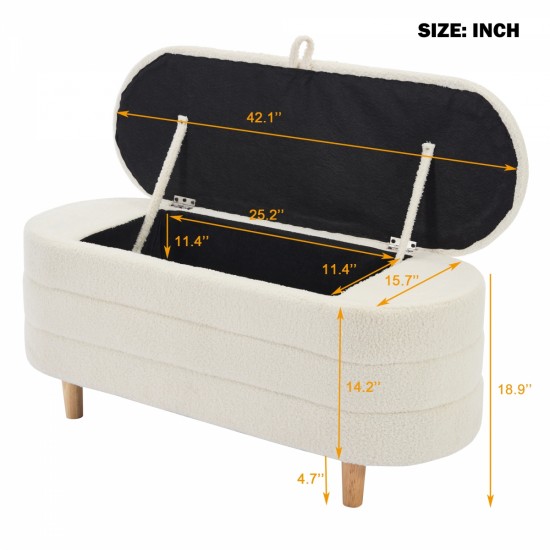 Elegant Upholstered Sherpa Fabric  Storage Ottoman with Wood Legs, Storage Bench for Bedroom, Living Room, White