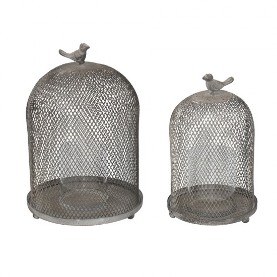 Set of 2 Ophira Sparrow Antique Gray Mesh Candle Holders, L: D8.5x13 Inch  S: D7x10 Inch