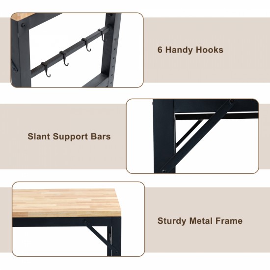 60 Inch Adjustable Workbench for Garage, Rubber Wood Heavy Duty Workstation with Power Outlets & Wheels, 2000 LBS Load Capacity Hardwood Worktable for Workshop, Garage, Office, Home, Commercial