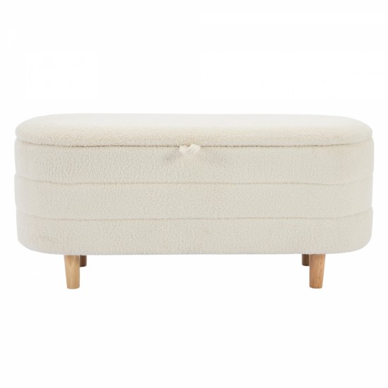 Elegant Upholstered Sherpa Fabric  Storage Ottoman with Wood Legs, Storage Bench for Bedroom, Living Room, White