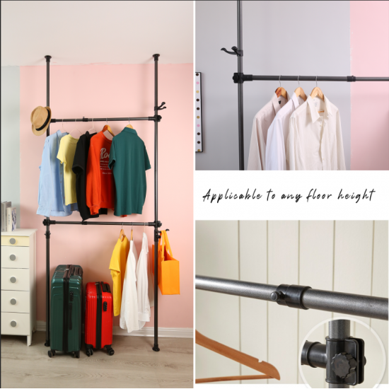 Telescopic Garment Rack, Heavy Duty Design Movable DIY By Hand No Damage to Wall Ceiling Hanging Rail, 31-47in Wide Adjustable, 120 Kilogram Loading, Reach Hook Included,Black