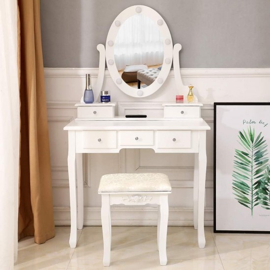 Makeup Vanity Desk and Stool Set, Vanity Mirror with Lights and Table Set, Small Vanity Table for Bedroom (White)